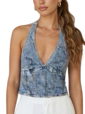GARAGE Indigo Blue Denim Halter Top Side Zipper Y2K Night Out Streetwear XS